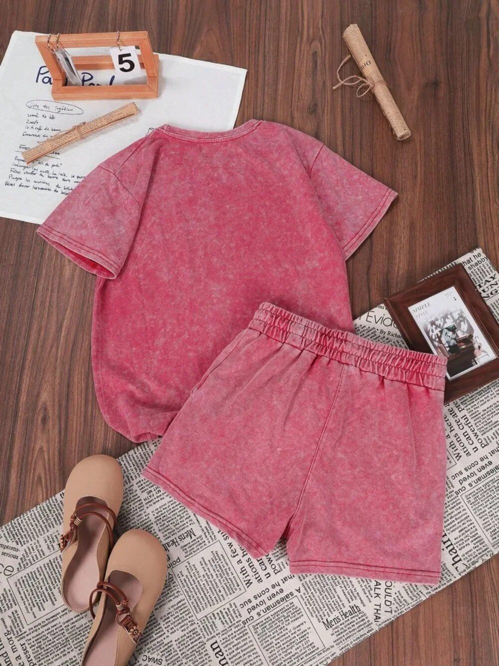 Red Street Korean Women's Y2K Short Sleeve Neck T-Shirt & Shorts Set